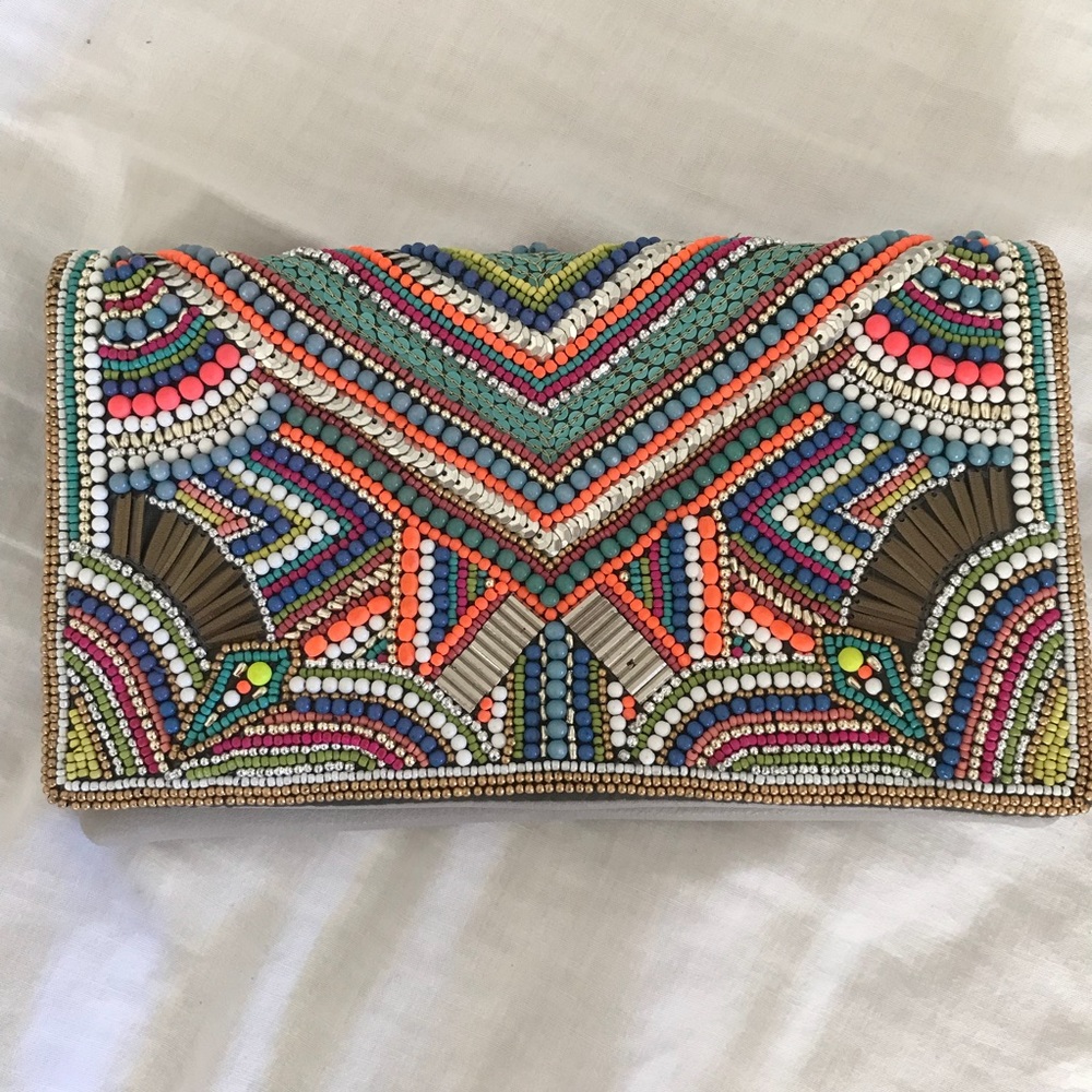 colorful BCBG beaded clutch handbag